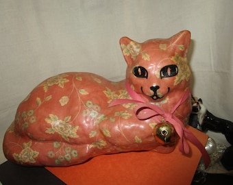 1987 Material Decoupage  Big Heavy Smiling Kitty Cat Signed