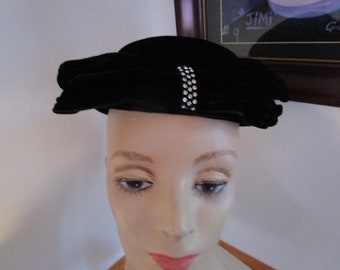 50's Pillbox Black Velvet ~ Rhinestone Bow Plaza Suite by Betmar Women's Vintage Hat.