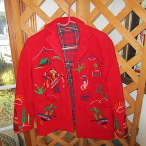 60&#39;s Wool Souvenir Mexican Jacket Hand Embroidered Sweet Plaid Lining. Lots of Embroidery Must See!!