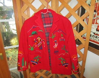 60's Wool Souvenir Mexican Jacket Hand Embroidered Sweet Plaid Lining. Lots of Embroidery Must See!!