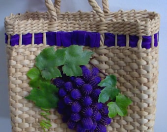 70s Woven Wicker Novelty Handbag with Grape Motif Keepsake or Gift It
