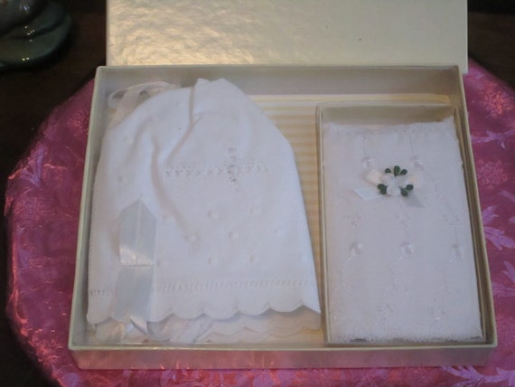 Baby Bonnet with Matching Bible Christening Gift Set Baptism Bible Keepsake Elegant Baby New Old Stock