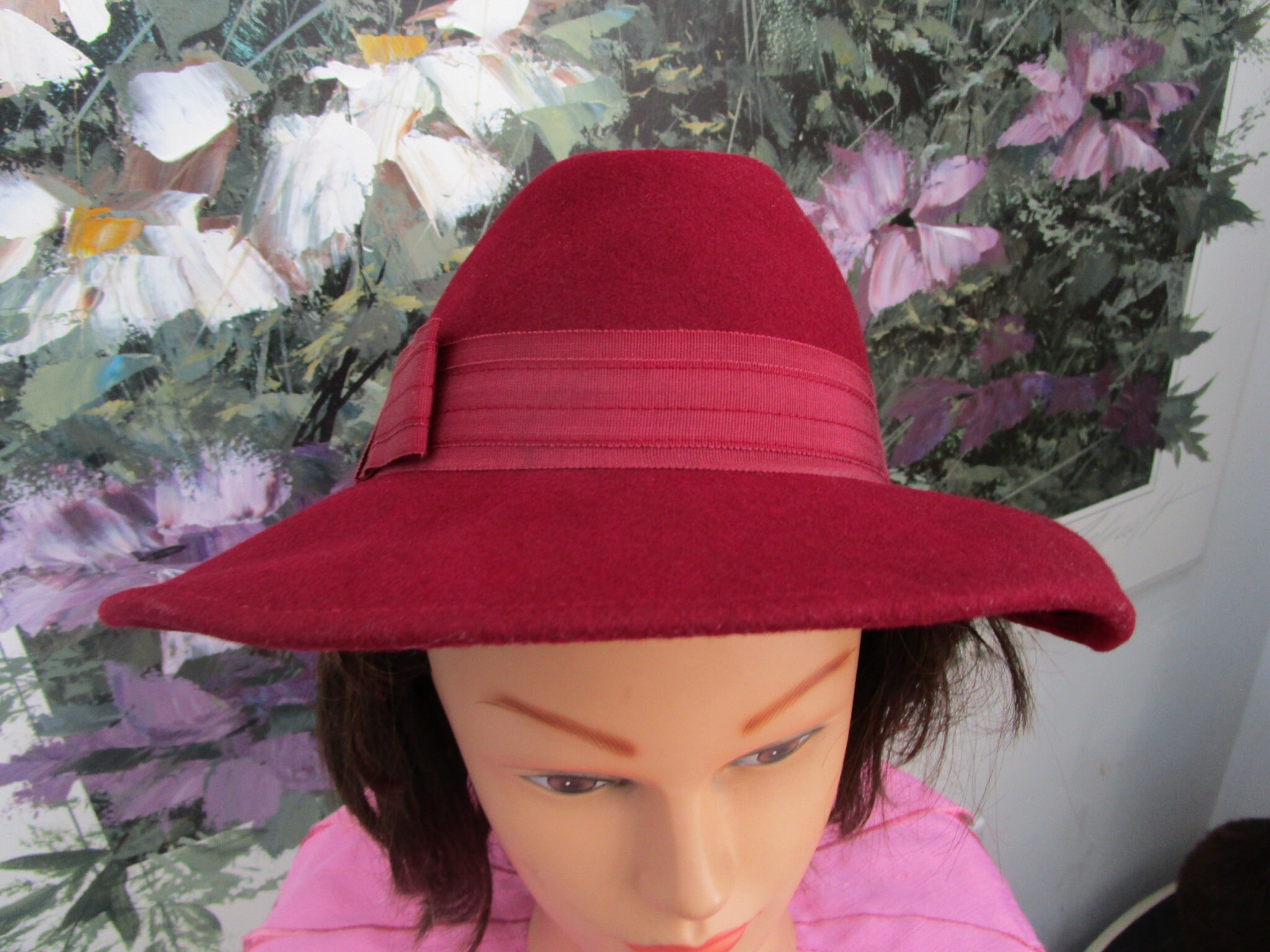 Bollman Wide Brim Hat Cartwheel Hat Doeskin Felt Wool Pink Fuchsia Vintage Feather Wide Brim Vintage Hats for Women for sale | eBay main image 2