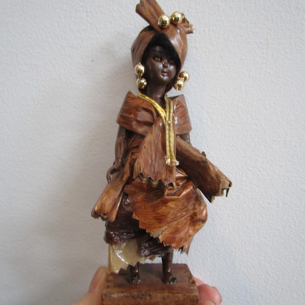 Vintage Folk Art Doll Banana Leaf Dress and Hat Mounted on Wood Block Beautiful Open shut Eyes