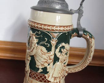 Vintage  Germany Beer  Mug-Tankard Glazed Pottery  Metal Topped Vintage Bar-ware Green & White Dancing.