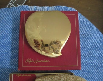 Vintage Elgin American Gold Tone Floral Powder Mirror Compact with Original Box and Slip Cover