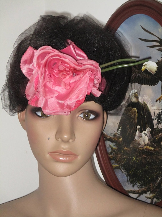 Sheer Black Netting with Pink Band with Pink Rose 