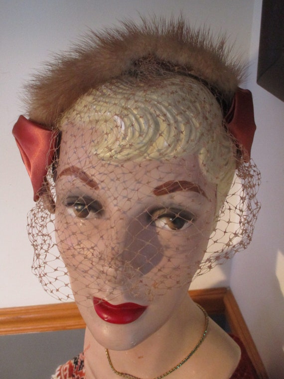 Women's Vintage Rabbit Fur Headband  Hat with Net… - image 1