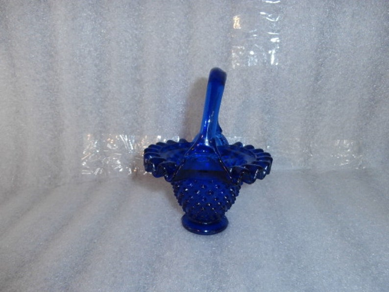 Cobalt Blue Hobnail Glass Basket Ruffled Lip Blue Glass Hobnail Glass Handle Basket image 1