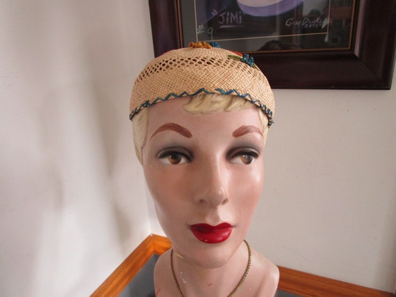 Wicker Weaved with Straw Flowers  Beanie Cap Hat. - image 1