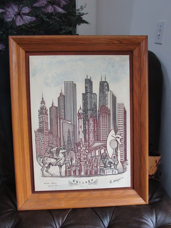 絵画 Eugene Andreyev Eugene Andreyev, Chicago Skyline Etched Marble Framed *YA