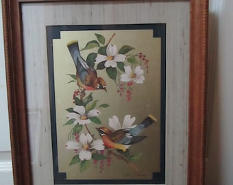 Vintage Signed William J Whiteside Sparrow Finch Flower Botanical Art Foil Print