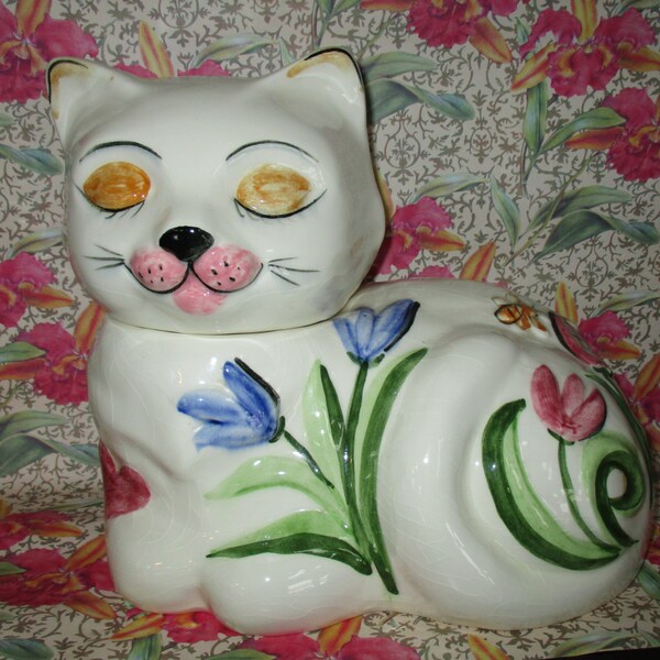 Cat Cookie Jar - Kitchen Cookie Jar   White Floral Cat Cookie Jar   Los Angeles Pottery