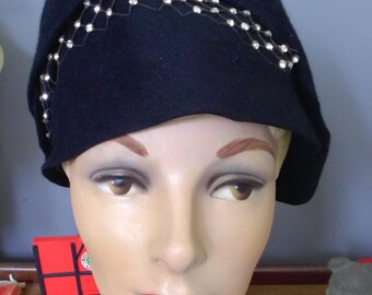 40s Black Cloche Hat with Distinct Rhinestone Netting Trim