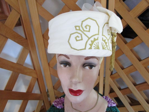 Whittall & Shon Designer Hat White with Gold Trim… - image 1