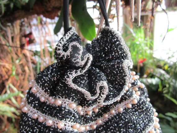 Vintage Crocheted Beaded Black & White with Silve… - image 9