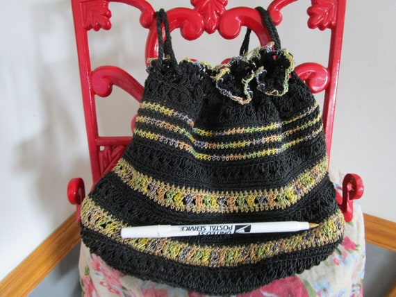 Vintage Hand Crocheted Draw String Bag Black and … - image 4