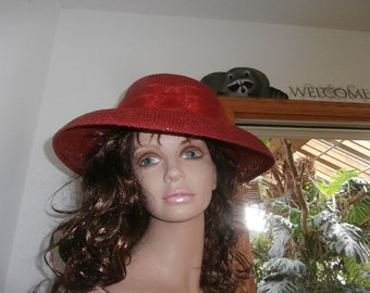 Womens Hat Big Brim Red & Purple Rose /Rhinestone/ Red Feathers Vintage Straw Hat