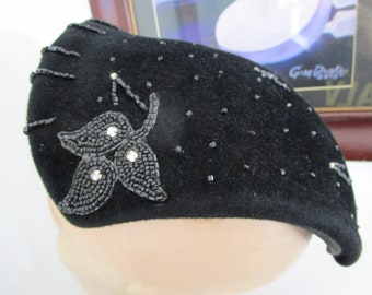 Vintage mid century elegant chic black velvety beaded pill box hat Junior B Vintage Mid Century Black Velvet Pillbox Hat W/ Black Jewel  main image 4