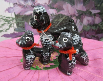 Vintage Redware Clay Black Mama Poodle with Two Puppies on a Chain Japan