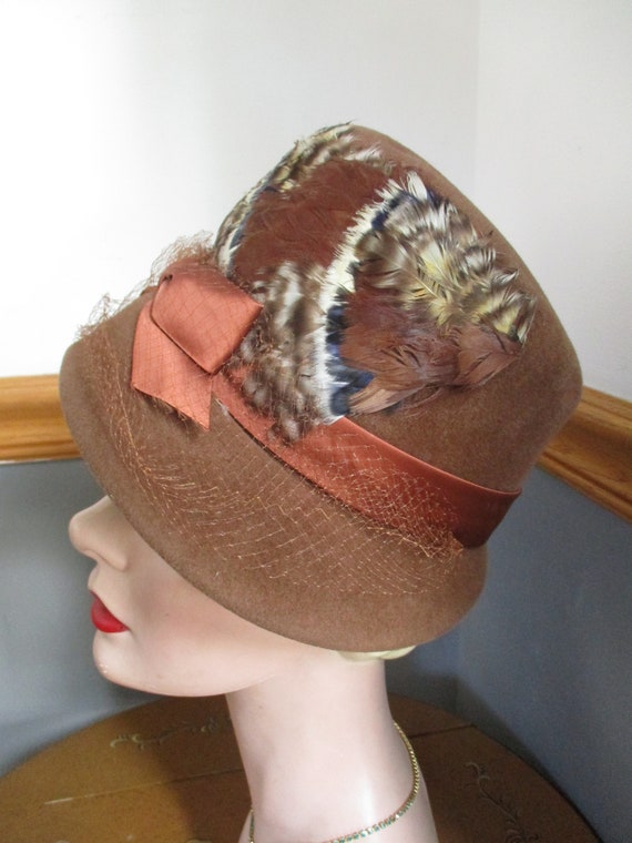 Ladies Brown  Unique Winter  Vintage Hat,with Fea… - image 5