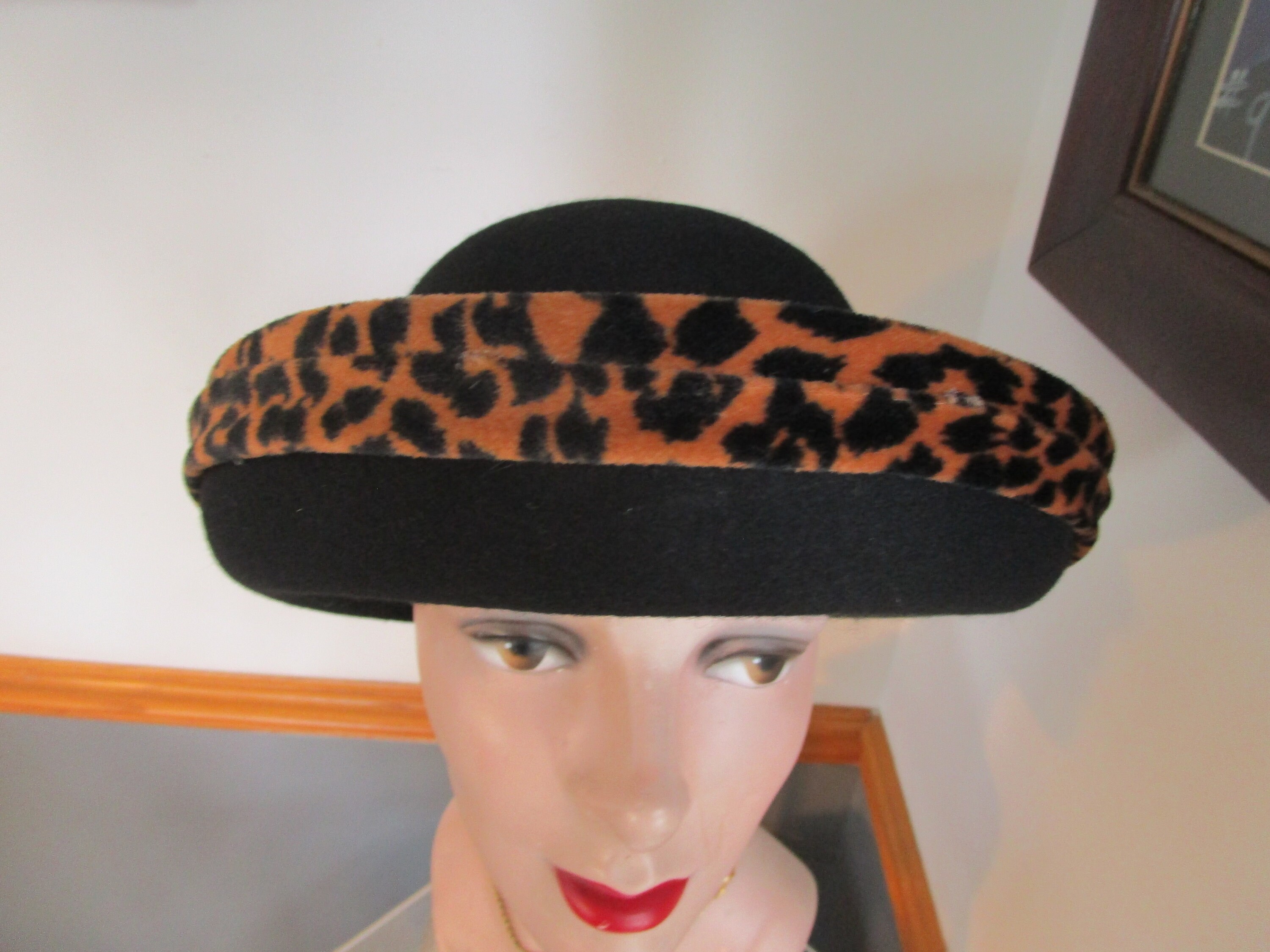 Black Hat with Leopard Print Trim with vintage adornment Vintage Black Hat With Brown & Black Leopard Print Trim  main image 3