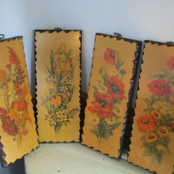 Signed Robert Laessig Floral Lithographs on Board Wall Plaques Wall Hangings.