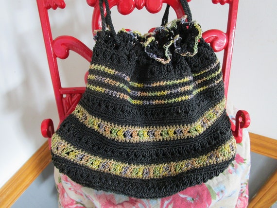 Vintage Hand Crocheted Draw String Bag Black and … - image 1