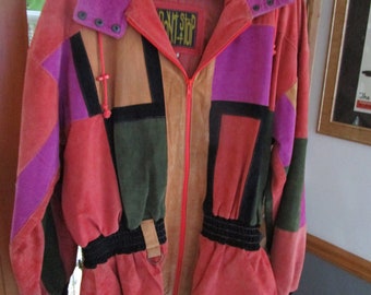 Vintage  Don't Stop Leather Jacket Womens Colorblock 80's Coat.