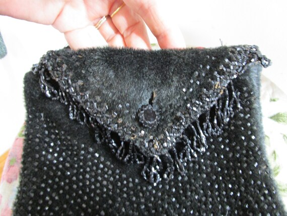 Antique Jet Black Mohair Handmade Beaded Handbag.… - image 1