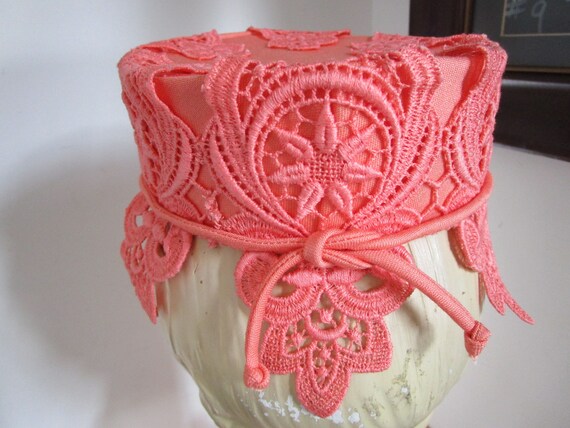 Women's Peach Linen & Lace Floral Handbag Matchin… - image 4