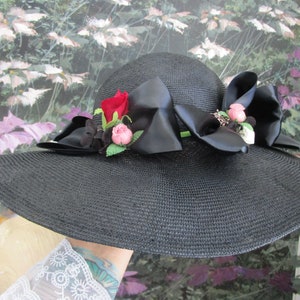 Kathy Jeanne Vintage Wide Brim Women&#39;s Sun Hat Black with Black Ribbons with  Floral Trim