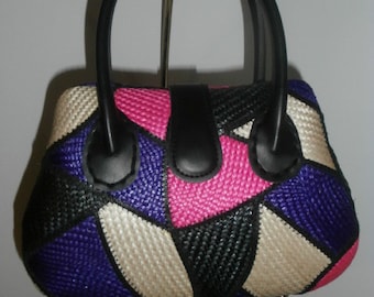 Womens Purse- Wicker - Multi Color Patchwork 80's Womens Top Handle Handbag