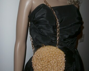 Womens Evening Formal Purse ~ DELILL Gold-tone ~Pearl Beaded ~ Long Chain ~Evening Handbag