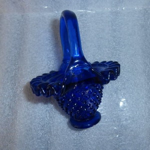 Cobalt Blue Hobnail Glass Basket Ruffled Lip Blue Glass Hobnail Glass Handle Basket image 3