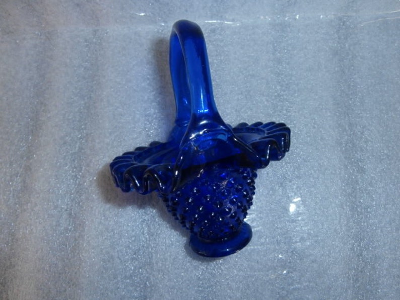 Cobalt Blue Hobnail Glass Basket Ruffled Lip Blue Glass Hobnail Glass Handle Basket image 3