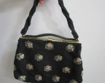 1950's Black  Beaded Bag Pink Beige and Green Flowers Tight Closure