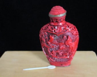 Chinese Carved Red Cinnabar  Snuff Bottle - Snuff Bottle with original Spoon Signed Bottom
