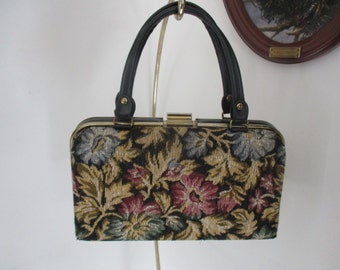 Retro Floral Tapestry Snap Tight Vintage Purse Top Handle Hand Bag Clean Working Zipper