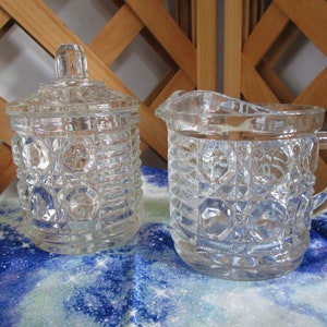 Vintage Windsor Cane and Button Pattern Clear Federal Glass Creamer & Covered Sugar Bowl