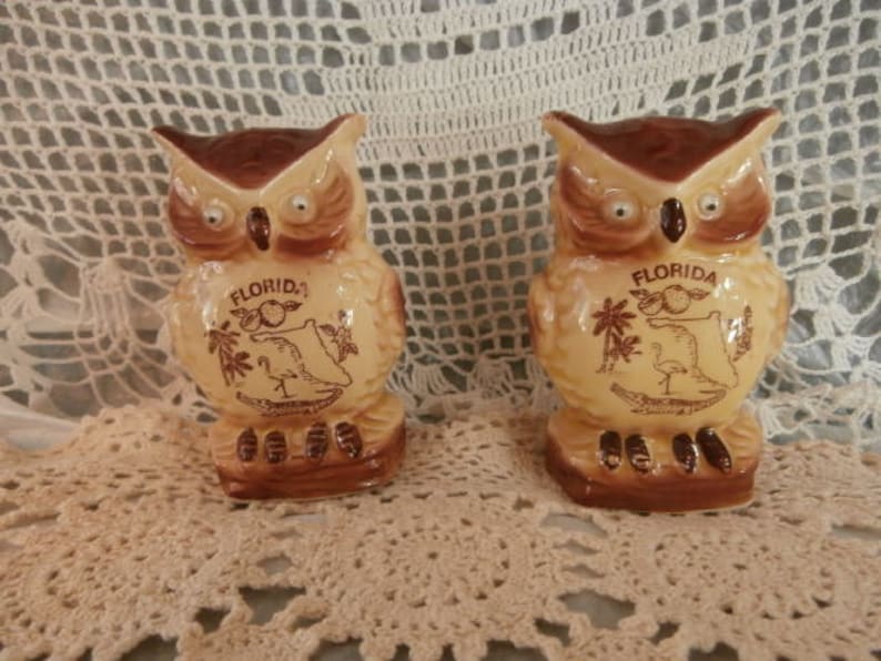May include: Two ceramic owl figurines in brown and cream. Each owl features the word "Florida" and a graphic on the front. They are displayed on a cream-coloured lace doily. The owls are a charming decorative item.
