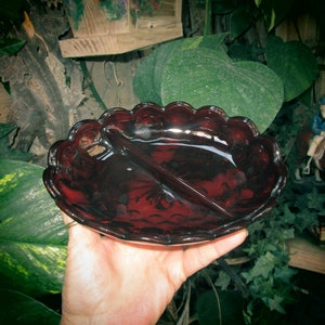 Vintage Thick Ruby Red Glass Divided Scalloped Dish H'orderves  Candy Bowl Serving Dish.