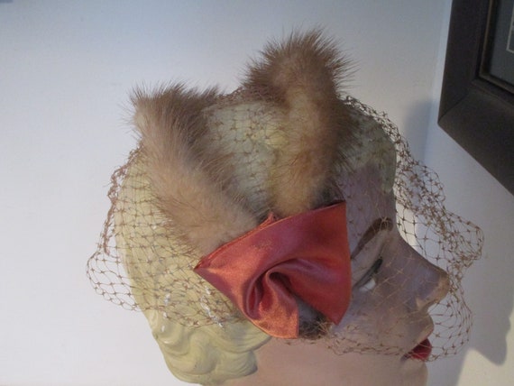 Women's Vintage Rabbit Fur Headband  Hat with Net… - image 2