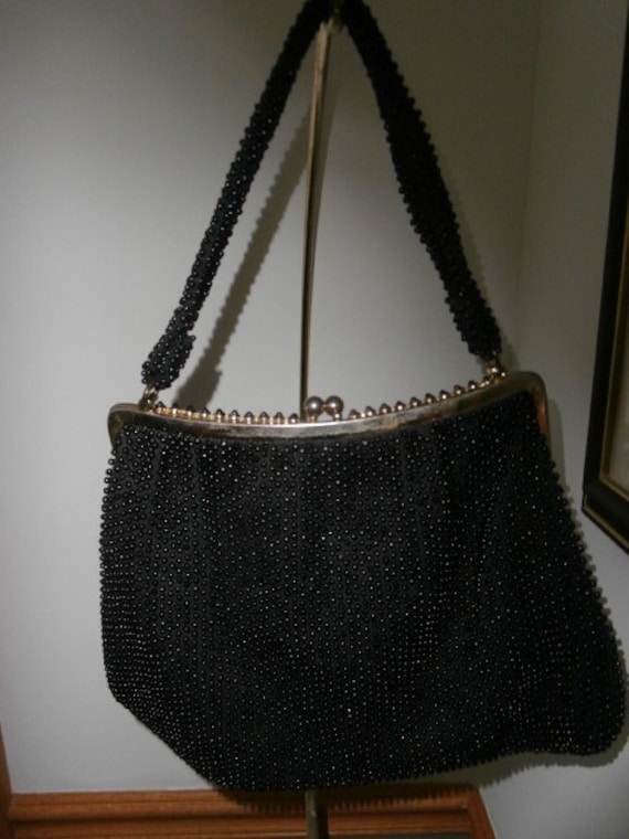 Vintage Black Corde Beaded Lumured Purse Bag  Kis… - image 9