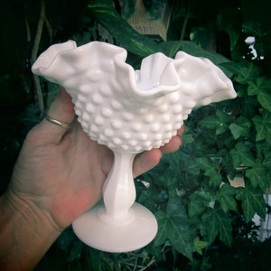Vintage White Milk Glass Hobnail 6 1/8 " Tall Stemmed Footed Candy  Nut Serving  Dish