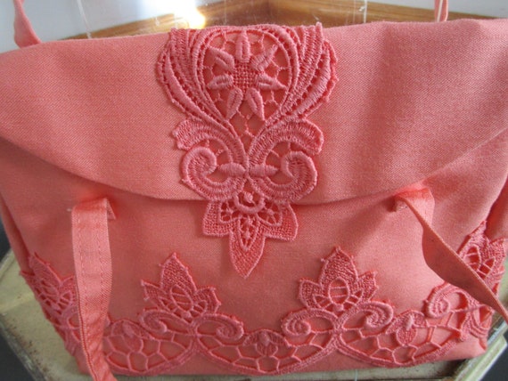 Women's Peach Linen & Lace Floral Handbag Matchin… - image 6