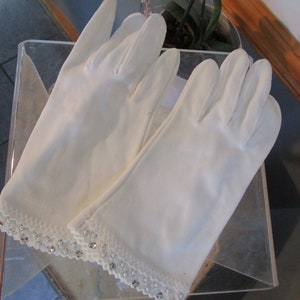 Vintage Van Raalte Bagged  Women's Gloves Prong Set Rhinestones & Pearl Beads  White Gloves