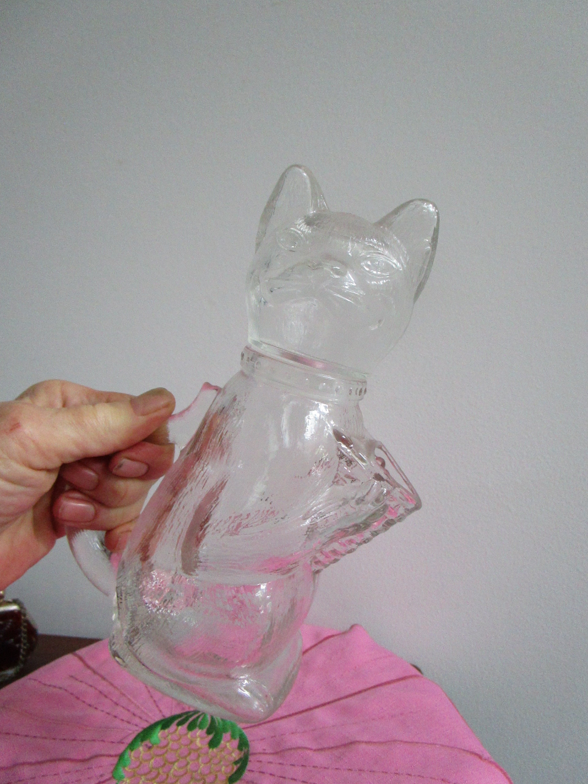 Vtg Clear Glass Cat Kitty Milk Jug Pitcher Nut Dispenser Lidded