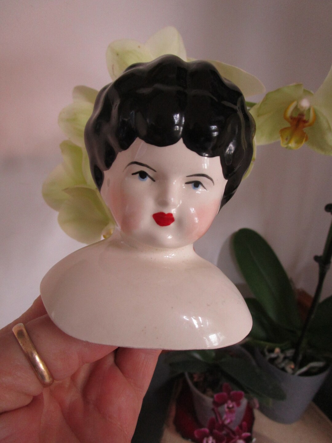 Vintage Doll Head & Shoulders Black Hair Blue Eyes Porcelain Etsy