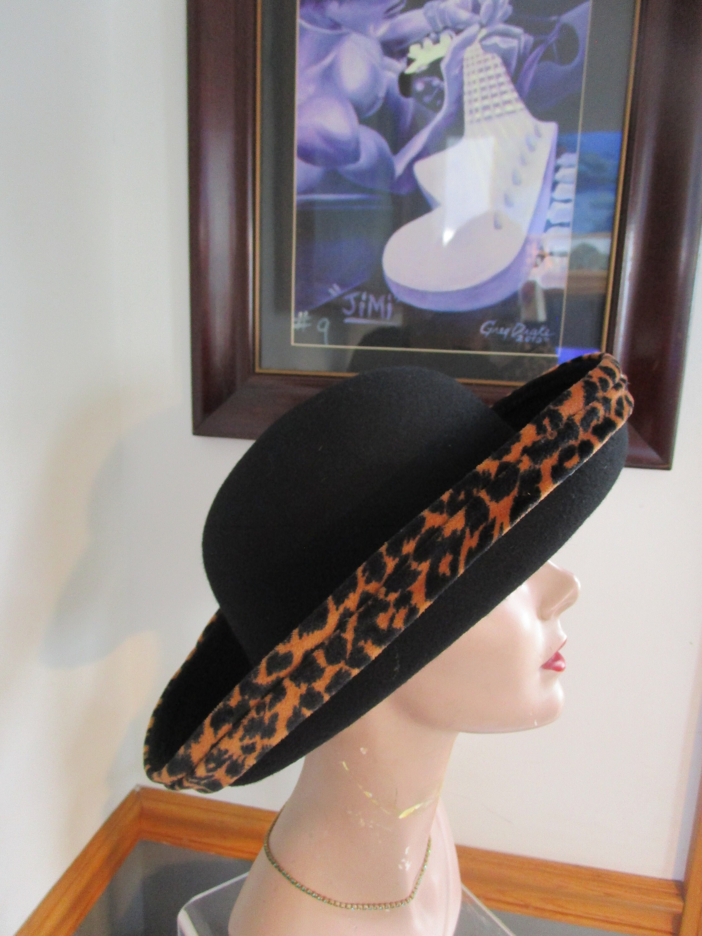 Black Hat with Leopard Print Trim with vintage adornment Vintage Black Hat With Brown & Black Leopard Print Trim  main image 2